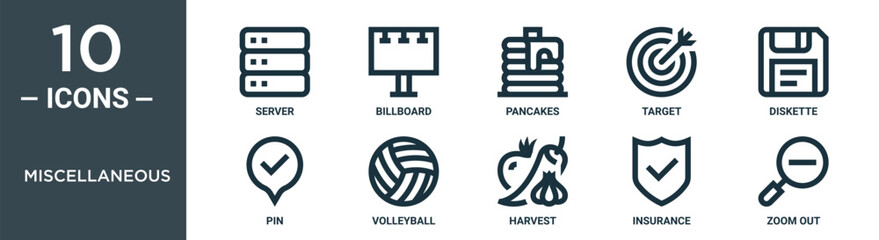 miscellaneous outline icon set includes thin line server, billboard, pancakes, target, diskette, pin, volleyball icons for report, presentation, diagram, web design