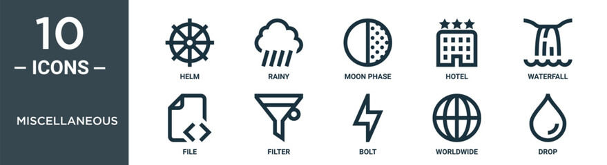 miscellaneous outline icon set includes thin line helm, rainy, moon phase, hotel, waterfall, file, filter icons for report, presentation, diagram, web design