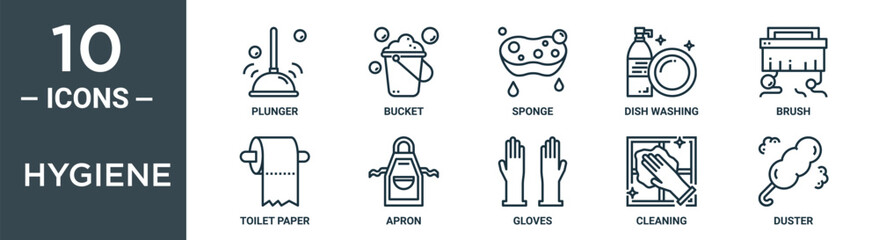 hygiene outline icon set includes thin line plunger, bucket, sponge, dish washing, brush, toilet paper, apron icons for report, presentation, diagram, web design