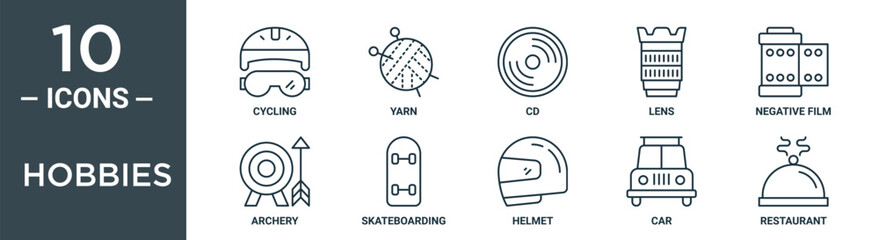 Obraz premium hobbies outline icon set includes thin line cycling, yarn, cd, lens, negative film, archery, skateboarding icons for report, presentation, diagram, web design