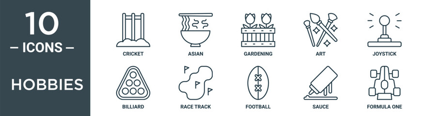 Obraz premium hobbies outline icon set includes thin line cricket, asian, gardening, art, joystick, billiard, race track icons for report, presentation, diagram, web design