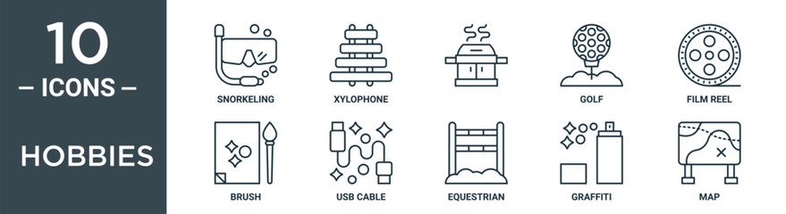 Obraz premium hobbies outline icon set includes thin line snorkeling, xylophone, , golf, film reel, brush, usb cable icons for report, presentation, diagram, web design