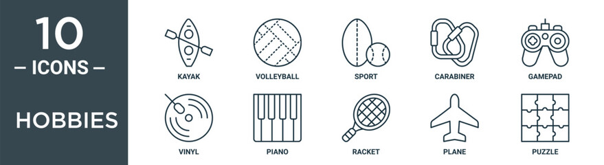hobbies outline icon set includes thin line kayak, volleyball, sport, carabiner, gamepad, vinyl, piano icons for report, presentation, diagram, web design