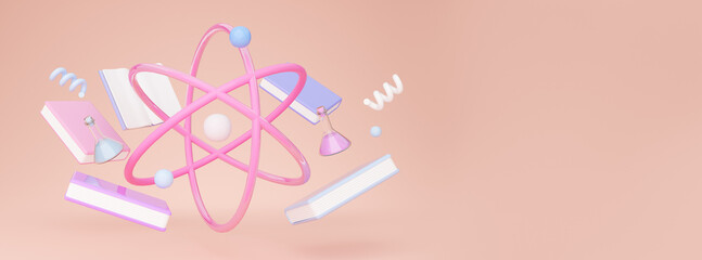 Pink Background With Atom Molecule Model And School Books, Panorama