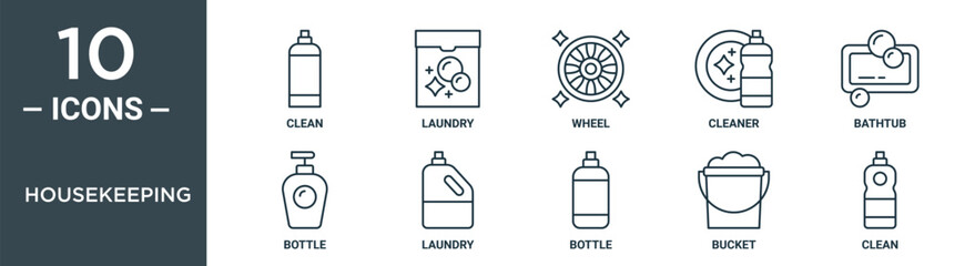 housekeeping outline icon set includes thin line clean, laundry, wheel, cleaner, bathtub, bottle, laundry icons for report, presentation, diagram, web design