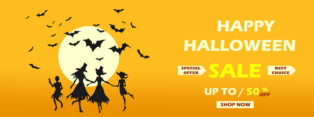 Halloween Sale Promotion Poster template with Product display stage. Halloween pumkin, bat and Ghost silhouette with moon ligt and puppet silhouette background. Website spooky or banner template