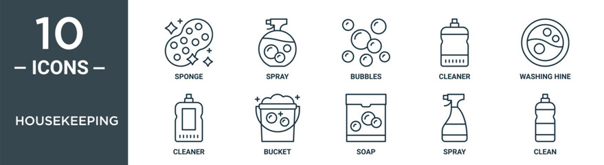 housekeeping outline icon set includes thin line sponge, spray, bubbles, cleaner, washing hine, cleaner, bucket icons for report, presentation, diagram, web design