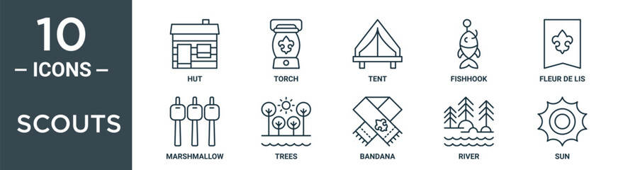 scouts outline icon set includes thin line hut, torch, tent, fishhook, fleur de lis, marshmallow, trees icons for report, presentation, diagram, web design