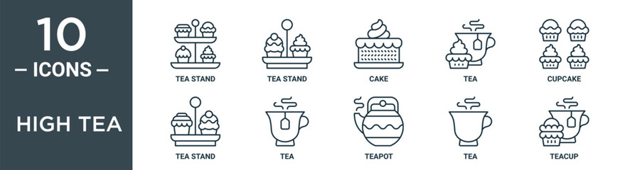 high tea outline icon set includes thin line tea stand, tea stand, cake, cupcake, stand, icons for report, presentation, diagram, web design
