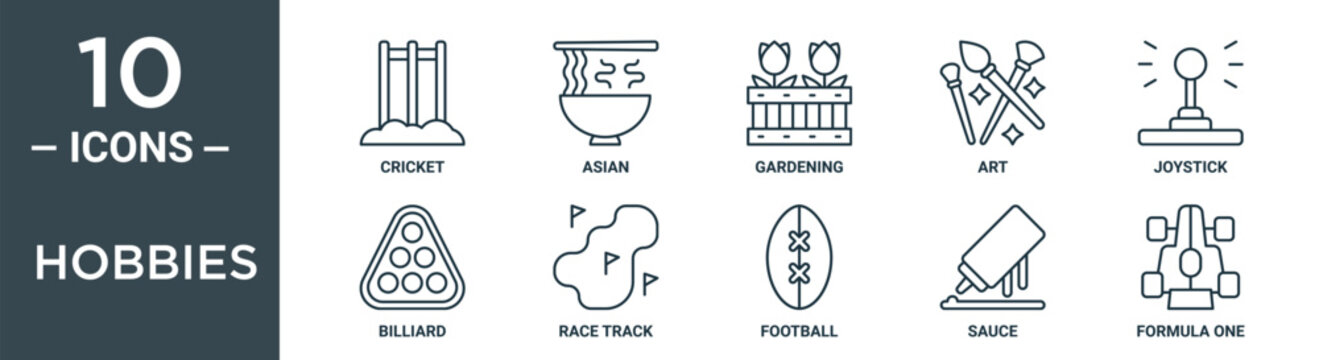 hobbies outline icon set includes thin line cricket, asian, gardening, art, joystick, billiard, race track icons for report, presentation, diagram, web design