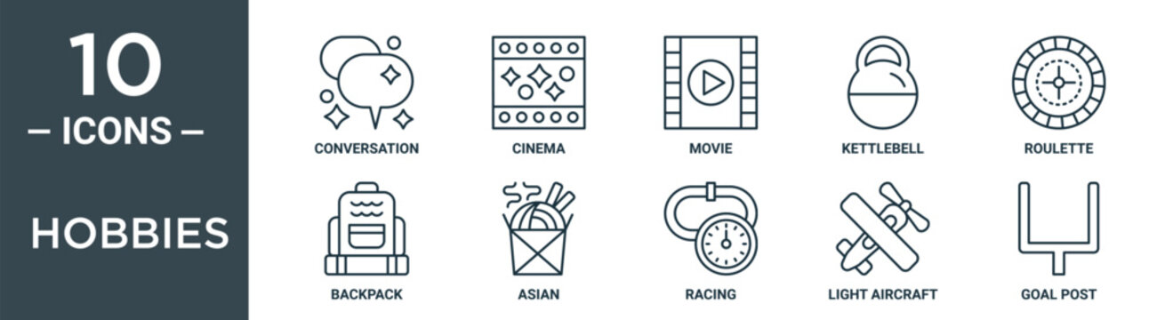 hobbies outline icon set includes thin line conversation, cinema, movie, kettlebell, roulette, backpack, asian icons for report, presentation, diagram, web design