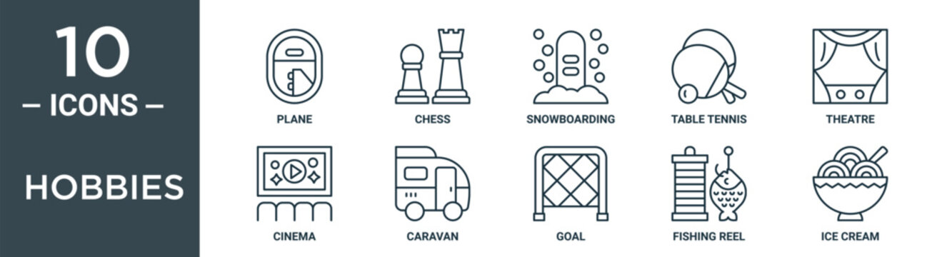 hobbies outline icon set includes thin line plane, chess, snowboarding, table tennis, theatre, cinema, caravan icons for report, presentation, diagram, web design