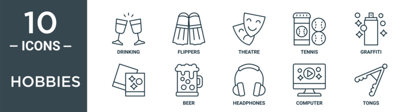 hobbies outline icon set includes thin line drinking, flippers, theatre, tennis, graffiti, , beer icons for report, presentation, diagram, web design