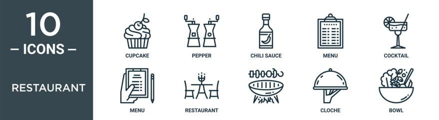 restaurant outline icon set includes thin line cupcake, pepper, chili sauce, menu, cocktail, menu, restaurant icons for report, presentation, diagram, web design