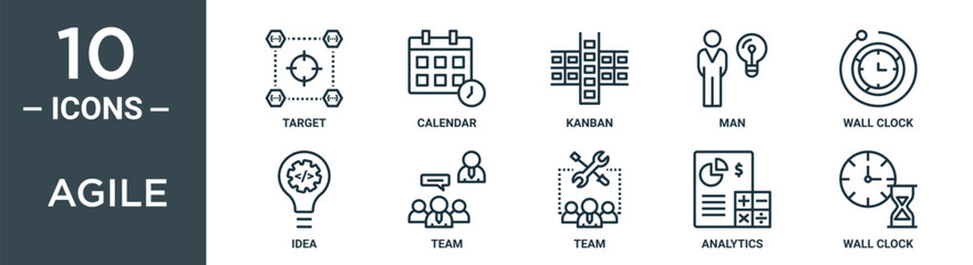 agile outline icon set includes thin line target, calendar, kanban, man, wall clock, idea, team icons for report, presentation, diagram, web design