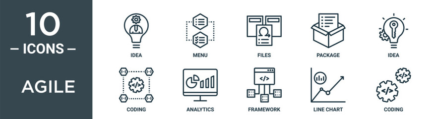 agile outline icon set includes thin line idea, menu, files, package, idea, coding, analytics icons for report, presentation, diagram, web design