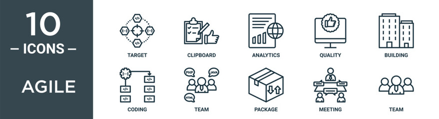 agile outline icon set includes thin line target, clipboard, analytics, quality, building, coding, team icons for report, presentation, diagram, web design