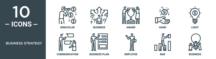 business strategy outline icon set includes thin line binocular, business, award, hand, light, communication, business plan icons for report, presentation, diagram, web design