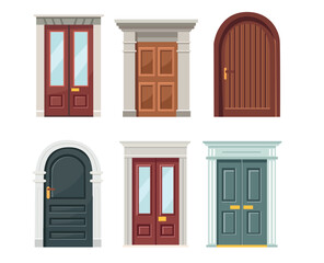 Set of different entrance doors to a house or building in a flat style.