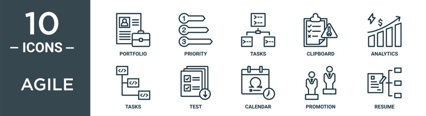 agile outline icon set includes thin line portfolio, priority, tasks, clipboard, analytics, tasks, test icons for report, presentation, diagram, web design