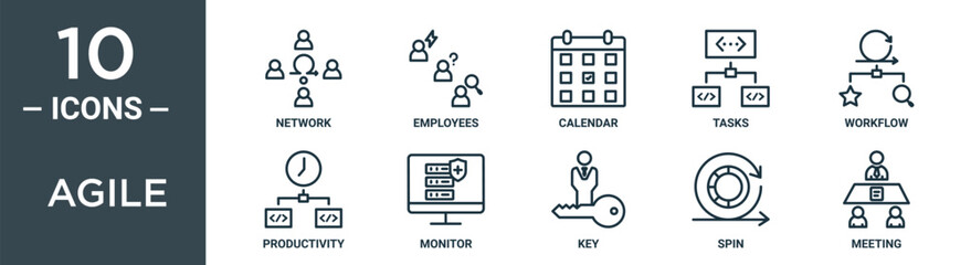 agile outline icon set includes thin line network, employees, calendar, tasks, workflow, productivity, monitor icons for report, presentation, diagram, web design
