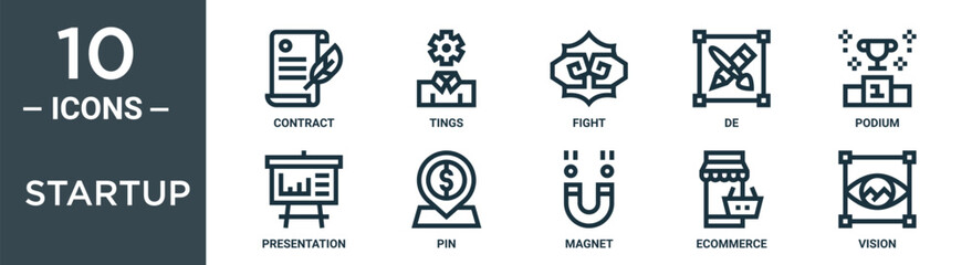 Obraz premium startup outline icon set includes thin line contract, tings, fight, de, podium, presentation, pin icons for report, presentation, diagram, web design