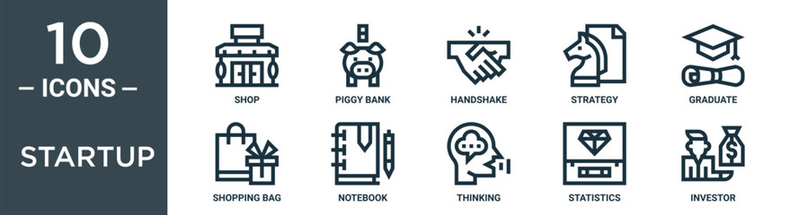 startup outline icon set includes thin line shop, piggy bank, handshake, strategy, graduate, shopping bag, notebook icons for report, presentation, diagram, web design