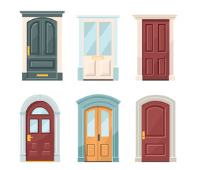 Set of different entrance doors to a house or building in a flat style.