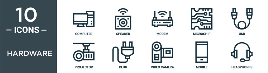 Obraz premium hardware outline icon set includes thin line computer, speaker, modem, microchip, usb, projector, plug icons for report, presentation, diagram, web design