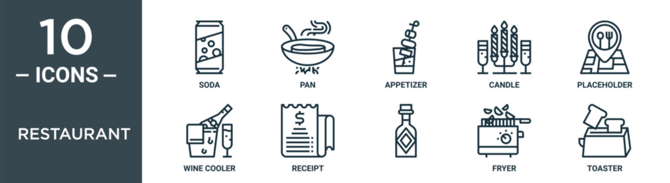 restaurant outline icon set includes thin line soda, pan, appetizer, candle, placeholder, wine cooler, receipt icons for report, presentation, diagram, web design