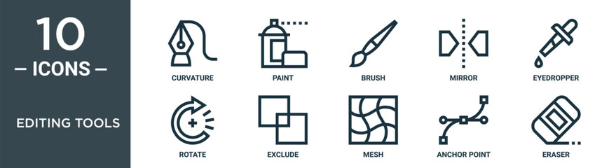 editing tools outline icon set includes thin line curvature, paint, brush, mirror, eyedropper, rotate, exclude icons for report, presentation, diagram, web design