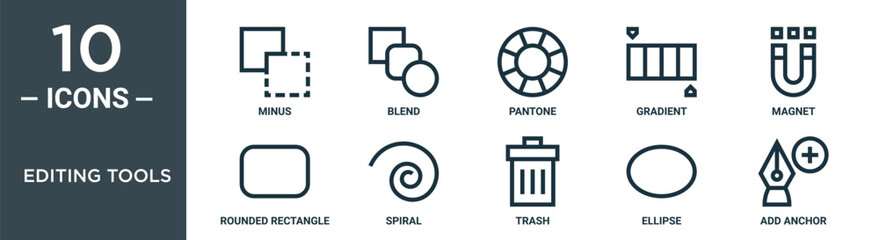 editing tools outline icon set includes thin line minus, blend, pantone, gradient, magnet, rounded rectangle, spiral icons for report, presentation, diagram, web design