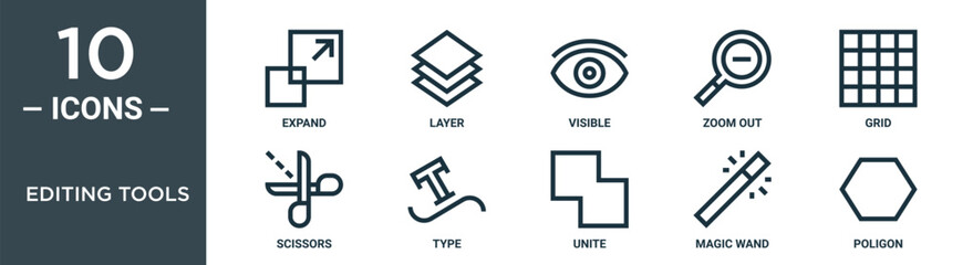editing tools outline icon set includes thin line expand, layer, visible, zoom out, grid, scissors, type icons for report, presentation, diagram, web design