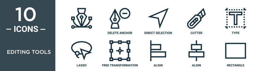 editing tools outline icon set includes thin line , delete anchor, direct selection, cutter, type, lasso, free transformation icons for report, presentation, diagram, web design