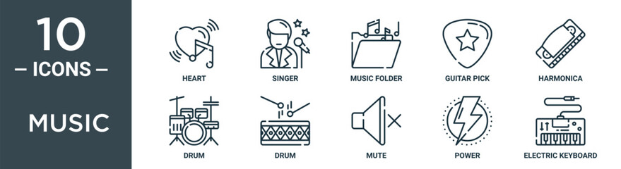 music outline icon set includes thin line heart, singer, music folder, guitar pick, harmonica, drum, drum icons for report, presentation, diagram, web design