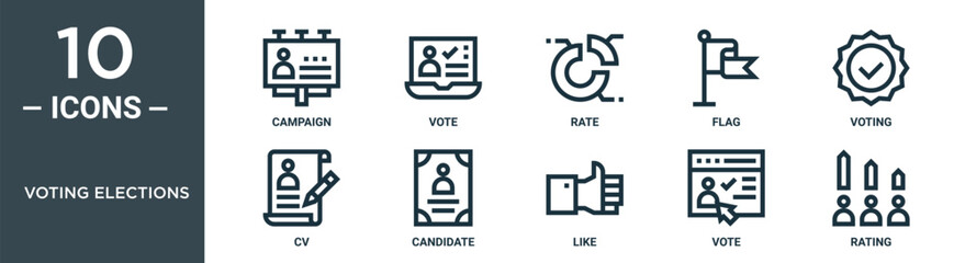 voting elections outline icon set includes thin line campaign, vote, rate, flag, voting, cv, candidate icons for report, presentation, diagram, web design