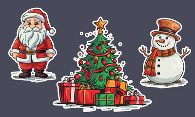 Set of New Year elements and characters. Christmas tree with gifts, Santa, snowman.