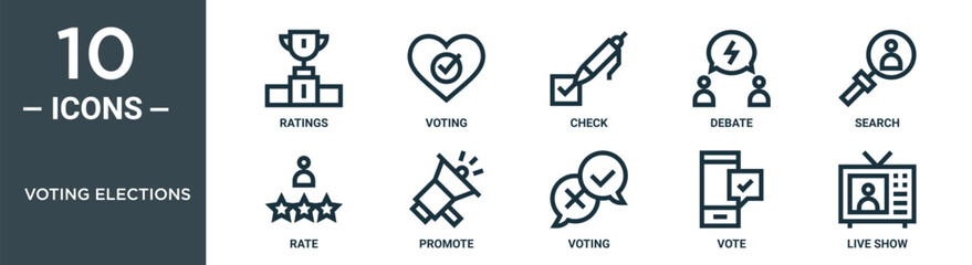 voting elections outline icon set includes thin line ratings, voting, check, debate, search, rate, promote icons for report, presentation, diagram, web design