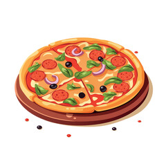 Bright pizza with sausage on a wooden stand in a cartoon style.