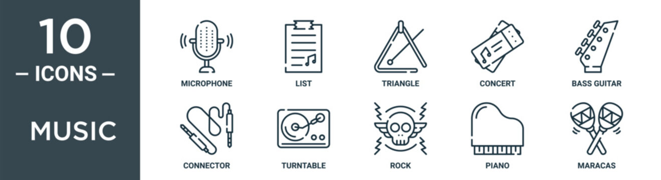 music outline icon set includes thin line microphone, list, triangle, concert, bass guitar, connector, turntable icons for report, presentation, diagram, web design