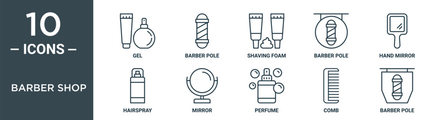 barber shop outline icon set includes thin line gel, barber pole, shaving foam, barber pole, hand mirror, hairspray, mirror icons for report, presentation, diagram, web design