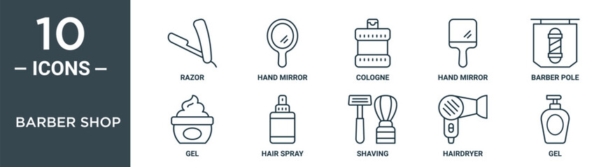 barber shop outline icon set includes thin line razor, hand mirror, cologne, hand mirror, barber pole, gel, hair spray icons for report, presentation, diagram, web design