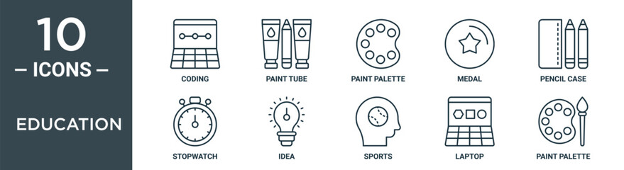 Obraz premium education outline icon set includes thin line coding, paint tube, paint palette, medal, pencil case, stopwatch, idea icons for report, presentation, diagram, web design