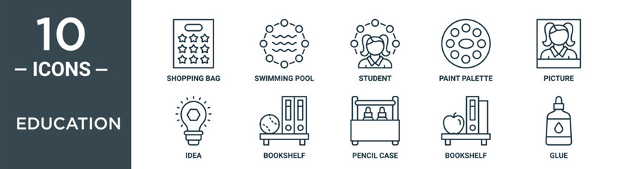 education outline icon set includes thin line shopping bag, swimming pool, student, paint palette, picture, idea, bookshelf icons for report, presentation, diagram, web design