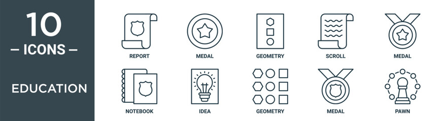 education outline icon set includes thin line report, medal, geometry, scroll, medal, notebook, idea icons for report, presentation, diagram, web design