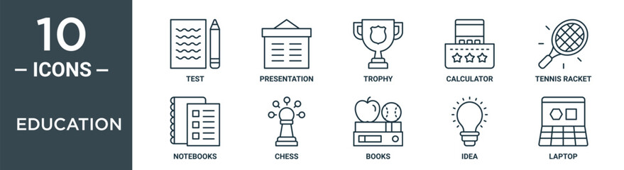 education outline icon set includes thin line test, presentation, trophy, calculator, tennis racket, notebooks, chess icons for report, presentation, diagram, web design