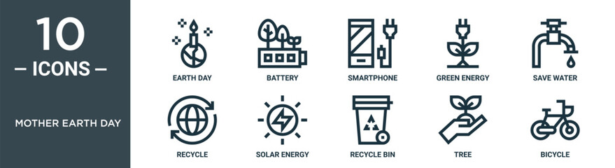 mother earth day outline icon set includes thin line earth day, battery, smartphone, green energy, save water, recycle, solar energy icons for report, presentation, diagram, web design