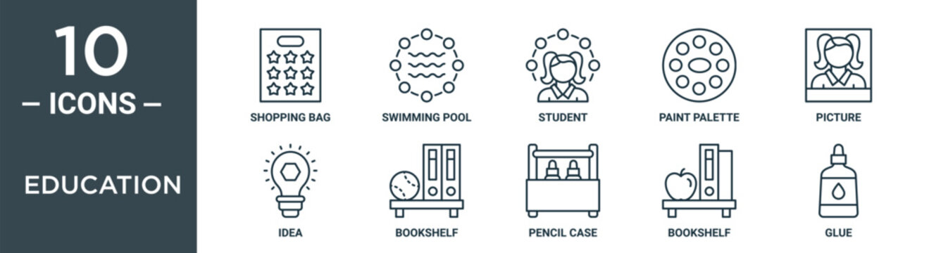 education outline icon set includes thin line shopping bag, swimming pool, student, paint palette, picture, idea, bookshelf icons for report, presentation, diagram, web design