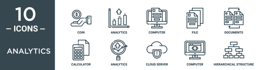 analytics outline icon set includes thin line coin, analytics, computer, file, documents, calculator, analytics icons for report, presentation, diagram, web design