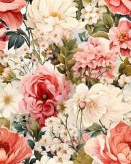 Watercolor hand drawn seamless pattern of flowers created with Generative AI technology